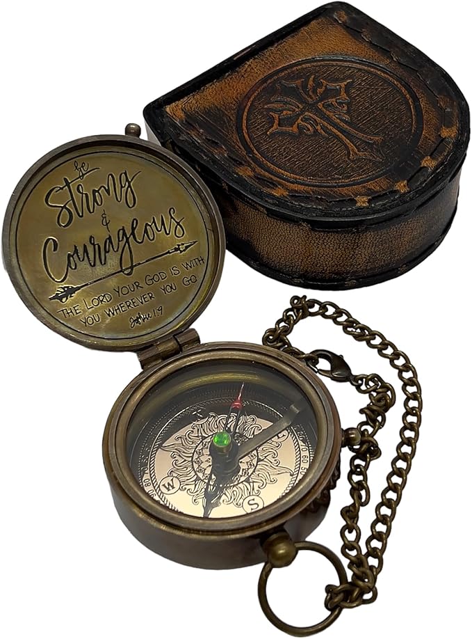 Be strong and courageous Brass Compass with Leather