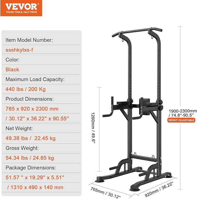 VEVOR Power Tower Dip Station 10-Level Height 7-Level Adjustable 440LBS