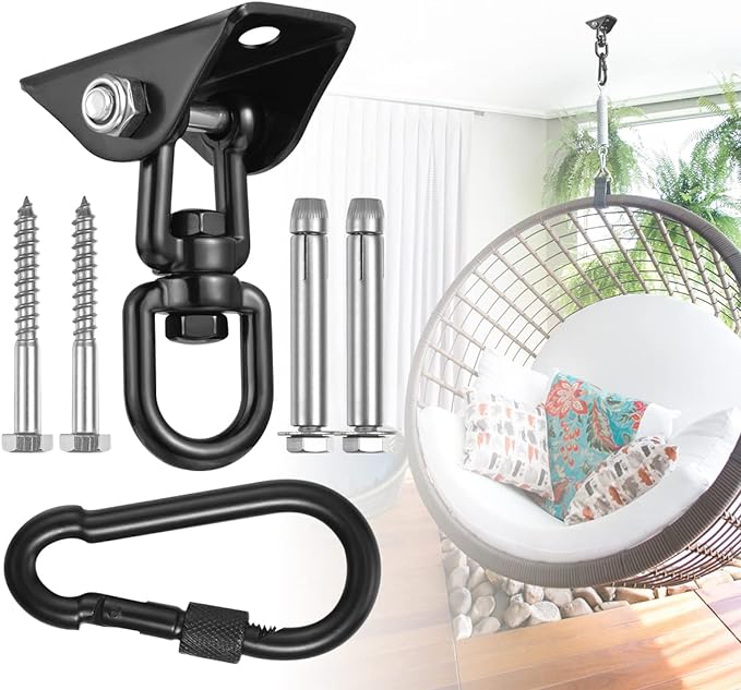 Hammock Hanging Kit,Hanging Chair Hardware 360°Rotating 1200 lb Capacity Hammock Hooks Heavy Duty,Hammock Chair Hanging Kit & Swing Ceiling Hook Snap for Hammock Chair Stand,Seat, Tree,Yoga,Gym(Black)