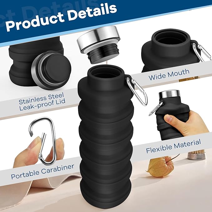 Collapsible Water Bottles 17oz, Portable Leak-Proof Travel Water Bottle, Reuseable BPA Free Silicone Foldable Water Bottle with Carabiner for Gym, Traveling, Camping, Hiking, Sports(Black+Pink)