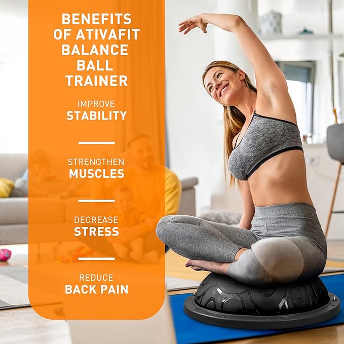 ATIVAFIT Balance Ball Half Exercise Ball Balance Trainer Inflatable Yoga Ball for Home Gym Workouts Core Strength Fitness Half Ball with Resistance Bands, Pump, Support to 660 lbs