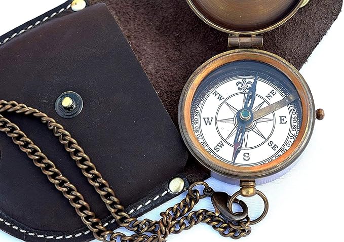 Engravable Compass Nautical Pocket Brass Compass with Leather