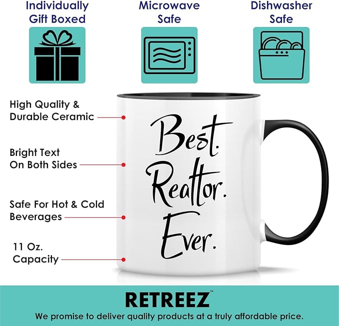 Retreez Funny Mug - Best Realtor Ever 11 Oz Ceramic Tea Coffee Mugs - Funny, Sarcasm, Motivational, Gratitude, Inspirational birthday gifts - White Mug with Black Handle and Inner