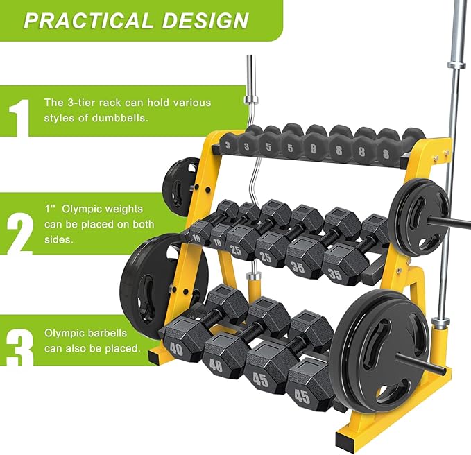 Kipika Heavy Duty 3 Tier Dumbbell Rack Multifunctional, Weight Rack for Dumbbells, Home Gym Equipment, Suitable for Storage of Dumbbell, Kettle Bell, Barbell Plate, Barbell Bar