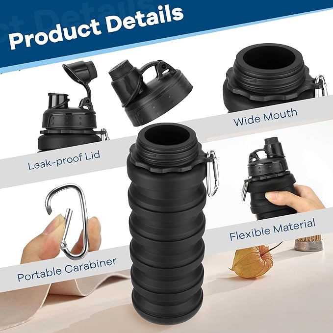 Collapsible Water Bottles 17oz, Reuseable BPA Free Silicone Foldable Water Bottle With Carabiner, Lightweight Leakproof Travel Water Bottle for Gym, Traveling, Camping, Hiking, Sports-Black