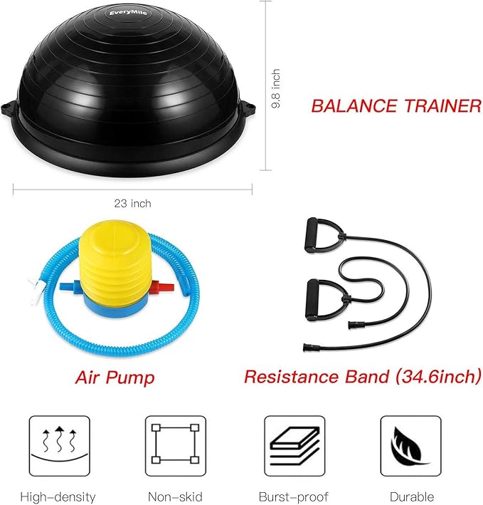 EVERYMILE Balance Ball Trainer with Resistance Bands & Pump Stability, 23.6 inch Yoga Exercise Ball for Home Gym Core Training Anti-Skid Surface