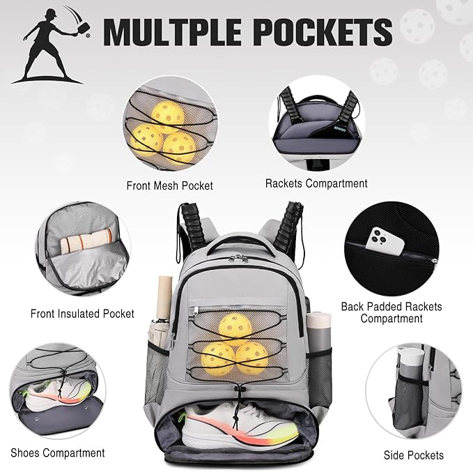Bevalsa Pickleball Bag for Women Men Teens, Tennis Bag with Shoe Compartment, Multifunctional Sports Padel Racket Bag Badminton Backpack Fits 4 Rackets with Fence Hook