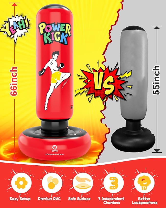 QPAU Kids Punching Bag Toy with Boxing Gloves, 66 Inch Larger Stable Kids Inflatable Boxing Bag Set, Gifts for Boys & Girls Age 6-12, for Practicing Karate, Taekwondo, MMA