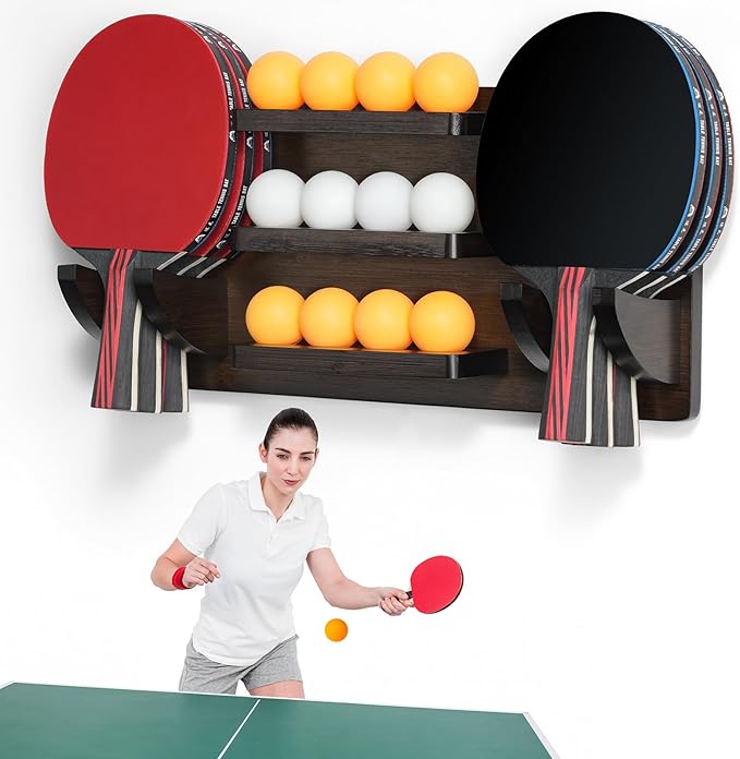 ikkle Ping Pong Paddle Holder Wall Mounted Table Tennis Racket Display for 6 Paddles and 12 Balls Storage, Ping Pong Accessories Organizer in Game Room, Man Cave, Bar Room, Garage, Office, Home