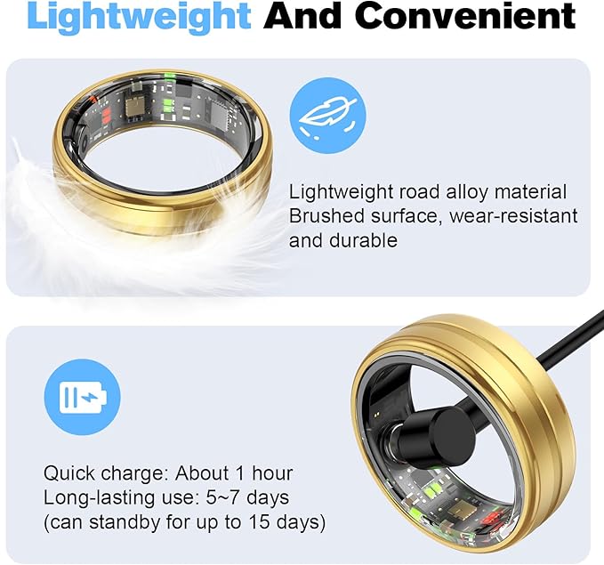 Smart Ring Health Tracker for Men/Women,Fitness Ring Sleep Tracker,Fast Charging for Long-Lasting Use,for Pedometer Exercise,Monitor Sleep, Heart Rate, Stress,Waterproof (Gold, 11)