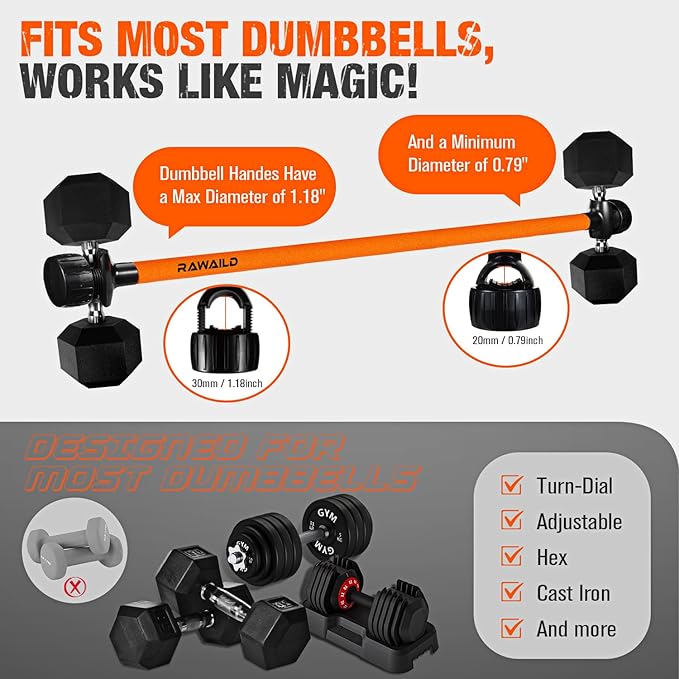 Dumbbell Converter, Convert Dumbbells to Barbell Set, Weight Bar for Bench Presses, Squats, Hip Thrust, Deadlifts, Home Weightlifting and Strength Training, Up to 300lbs, Versatile Home Gym Equipment