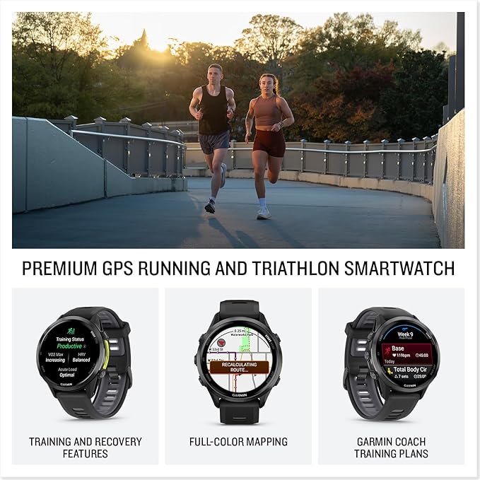 Garmin Forerunner 970 Running Smartwatch, GPS Fitness Smart Watch for Men and Women, Carbon Gray DLC Titanium with Black Case and Black/Translucent Whitestone Band Bundle with P-Bank + More