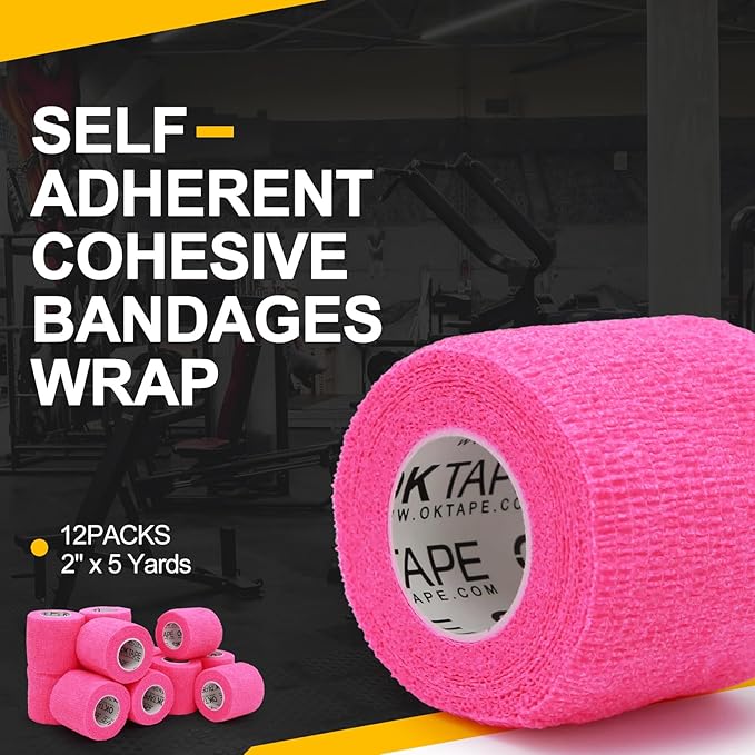 OK TAPE 12 Rolls Self Adhesive Bandage Wrap, Elastic Athletic Tape, Self Stick Bandage Tape, Vet Wrap, Medical Wrap for Wrist, Feet, 2" x 5 Yards - Pink