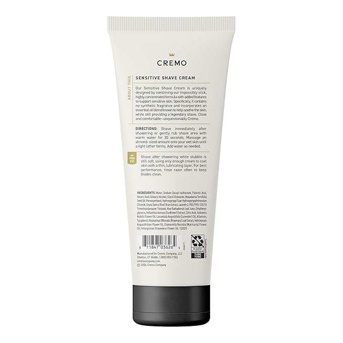 Cremo Sensitive Shave Cream, Astonishingly Superior Ultra-Slick Shaving Cream for Men, Fights Nicks, Cuts and Razor Burn, 6 Fl Oz