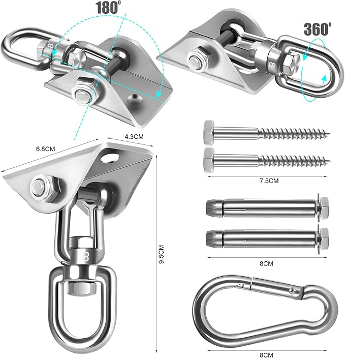 2 Pack Hammock Hanging Kit, Hanging Chair Hardware 360°Rotating Hammock Hooks Heavy Duty, Hammock Chair Hanging Kit & Swing Ceiling Hook Snap for Hammock Chair,Heavy Bag,Seat,Yoga,Gym,1200 lb Capacity