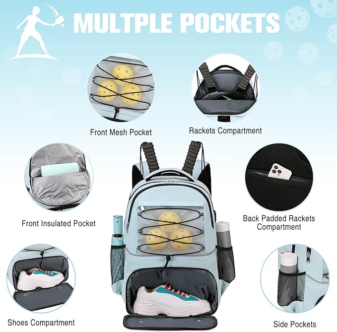 Bevalsa Pickleball Bag for Women Men Teens, Tennis Bag with Shoe Compartment, Multifunctional Sports Padel Racket Bag Badminton Backpack Fits 4 Rackets with Fence Hook