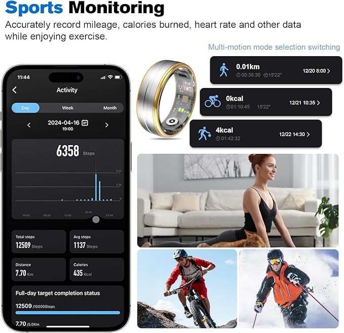 Smart Ring Health Tracker for Men/Women,Fitness Ring Sleep Tracker,Fast Charging for Long-Lasting Use,for Pedometer Exercise,Monitor Sleep, Heart Rate, Stress,Waterproof (Silver, 9)