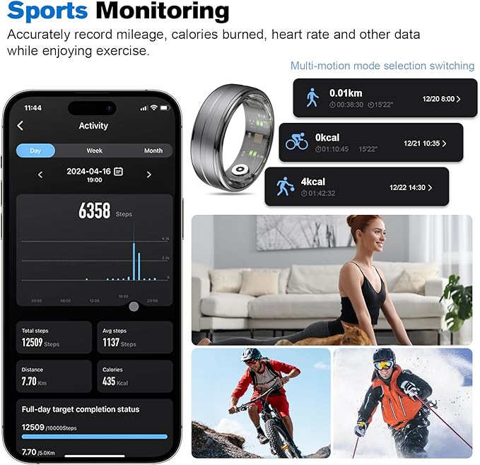 Smart Ring Health Tracker for Men/Women,Fitness Ring Sleep Tracker,Fast Charging for Long-Lasting Use,for Pedometer Exercise,Monitor Sleep, Heart Rate, Stress,Waterproof (Deep Gray, 8)