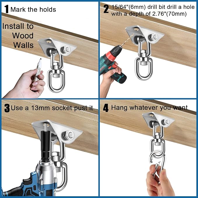 Hammock Hanging Kit,Hanging Chair Hardware 360°Rotating 1200 lb Capacity Hammock Hooks Heavy Duty,Hammock Chair Hanging Kit & Swing Ceiling Hook Snap for Hammock Chair Stand,Seat,Tree,Yoga,Gym(Silver)