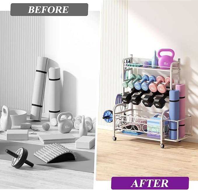 Dumbbell Rack, VOPEAK Weight Rack for Home Gym, Home Gym Storage Rack for Yoga Mat Kettlebells and Strength Training Equipment, Weight Storage Rack for Dumbbells with Wheels