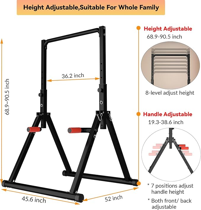 DOBESTS Foldable Power Tower Pull Up Bar Dip Station Adjustable Multifunction Workout Pull Up Tower Station Gym Strength Training Equipment for Home Outdoor, Triangular Legs, Support 700lbs