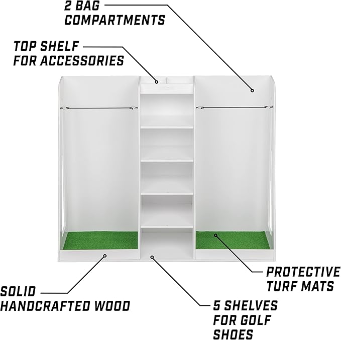 GoSports Premium Wooden Golf Bag Organizer and Storage Rack - Black, White or Brown Finish - Holds 2 Golf Bags