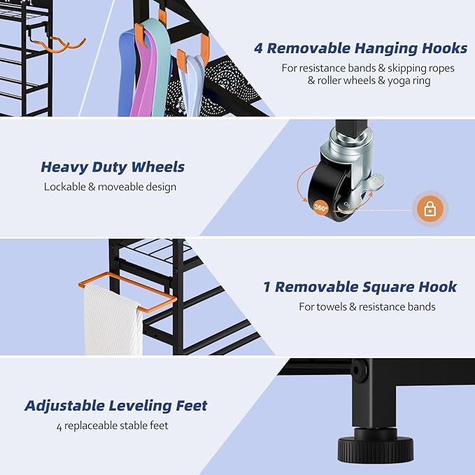Weight Rack for Dumbbells, Home Gym Storage for Dumbbells Yoga Mat Kettlebells and Balls, All in One Workout Equipment Storage with Wheels and Hooks