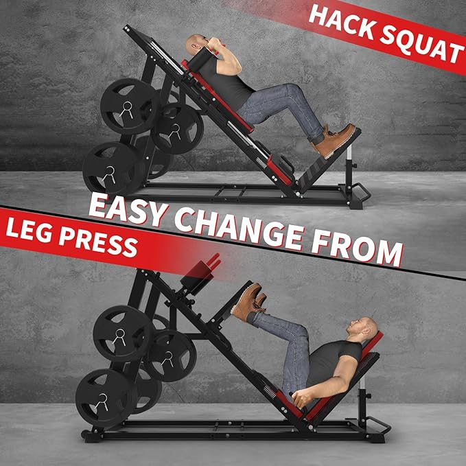 Leg Press Hack Squat Machine Combo, Professional Adjustable Leg Exercise Machine with Linear Bearing, Hack Squat Leg Press Machine with Weight Storage Posts for Full Lower Body Workout, 1500LBS