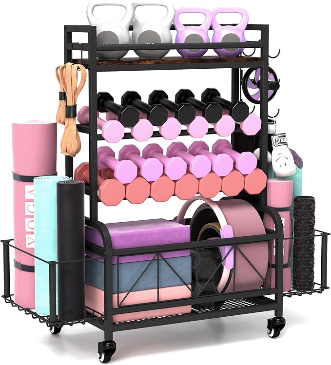 Dumbbell Rack, Home Gym Storage, Gym Storage Rack with Hooks and Wheels,Gym Equipment Storage,Weight Rack for Dumbbells for Organizing Yoga Mats, Kettlebells,Dumbbells, Foam Rollers and ball