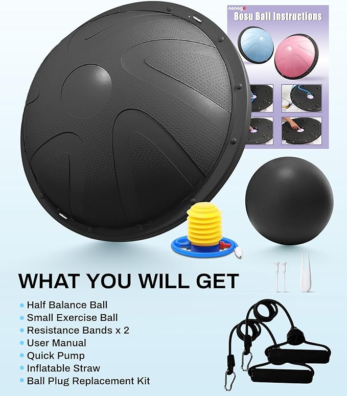 nonogo Half Balance Ball Trainer with Resistance Bands & Small Exercise Ball, Stability Ball for Core Strength, Full Body Workout, Yoga, Fitness, Physical Therapy