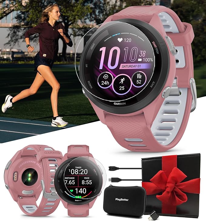 Garmin Forerunner 265S (Light Pink/Whitestone) Running GPS Smartwatch | Colorful AMOLED Display, Training Metric, & Recovery Insights | Gift Bundle with HD Screen Protectors, Wall Adapter & Hard Case