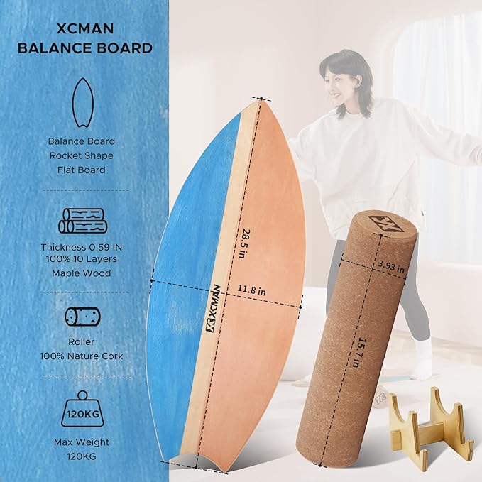 XCMAN Surf Balance Board Trainer with Roller Wooden Exercise Balancing Stability Trainer - Non Slip Surface for Adults Kids|Balance Board for Surfing,Snowboarding,Skateboarding,Hockey,Yoga Training