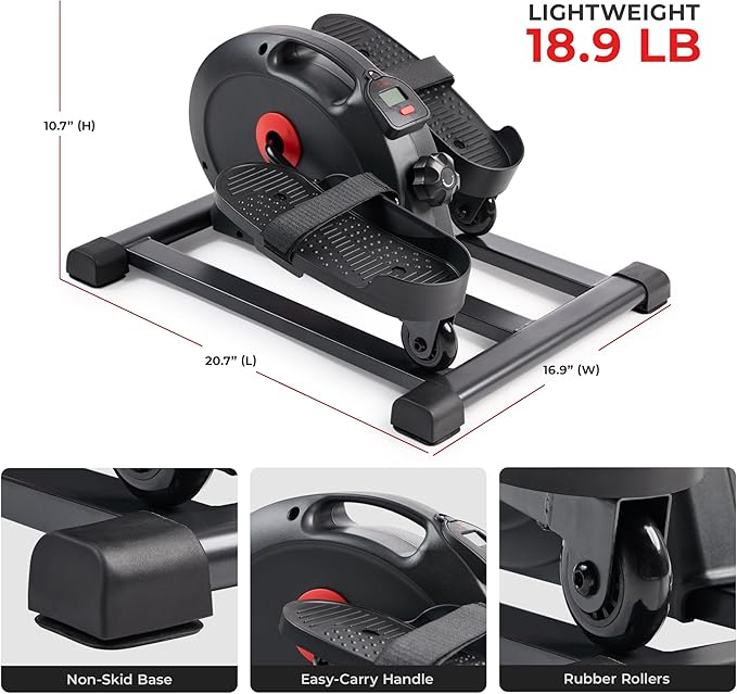 Sunny Health & Fitness Smart Mini Pedal Exerciser, Under Desk Bike/Elliptical for Home Workout & Cycle Cardio Training, Free SunnyFit App Link, Optional in Color, Mat/Workout Bands or Steel Stabilizer