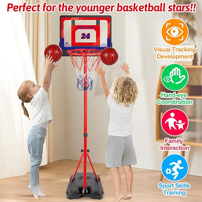 Kids Basketball Hoop Adjustable Height 3.5 ft-6.2 ft 2-4-6-8 First