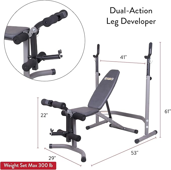 Body Champ Weight Bench with Leg Extension Attachment 2-Piece Combo BCB3780, Gray/Silver