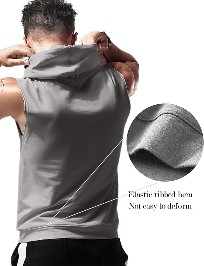 Babioboa Men's Workout Hooded Tank Tops Sleeveless Gym Hoodies Bodybuilding Muscle Cut Off T-Shirts