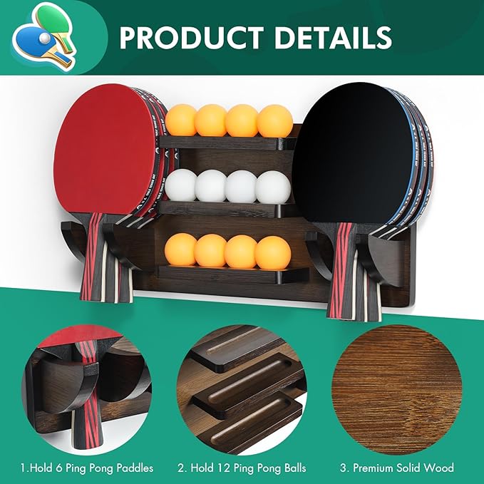 ikkle Ping Pong Paddle Holder Wall Mounted Table Tennis Racket Display for 6 Paddles and 12 Balls Storage, Ping Pong Accessories Organizer in Game Room, Man Cave, Bar Room, Garage, Office, Home