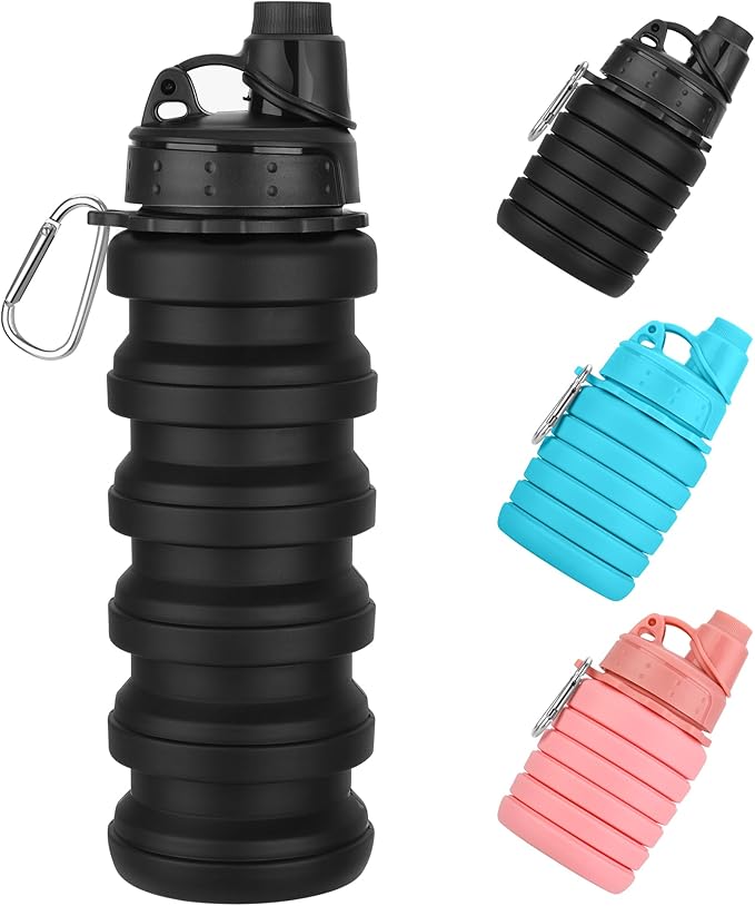 Collapsible Water Bottles 17oz, Reuseable BPA Free Silicone Foldable Water Bottle With Carabiner, Lightweight Leakproof Travel Water Bottle for Gym, Traveling, Camping, Hiking, Sports-Black