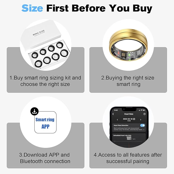 Smart Ring Health Tracker for Men/Women,Fitness Ring Sleep Tracker,Fast Charging for Long-Lasting Use,for Pedometer Exercise,Monitor Sleep, Heart Rate, Stress,Waterproof (Gold, 8)