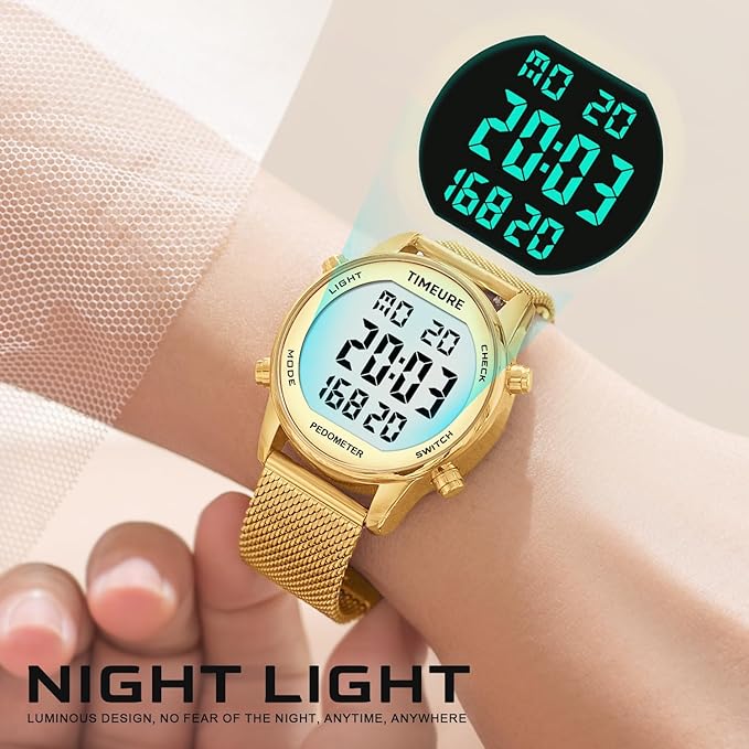 Women's Step Counter Pedometer Watch with Stainless Steel Bracelet, Stylish Design, No App, No Charging Needed for Step, Calorie, Distance, Alarm, Countdown Timer,TU-2401