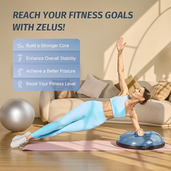 ZELUS 25in. Balance Ball | 660lb Inflatable Half Exercise Ball Wobble Board Balance Trainer w Nonslip Base | Half Yoga Ball Strength Training Equipment w 2 Bands, Pump, Extra Ball Included