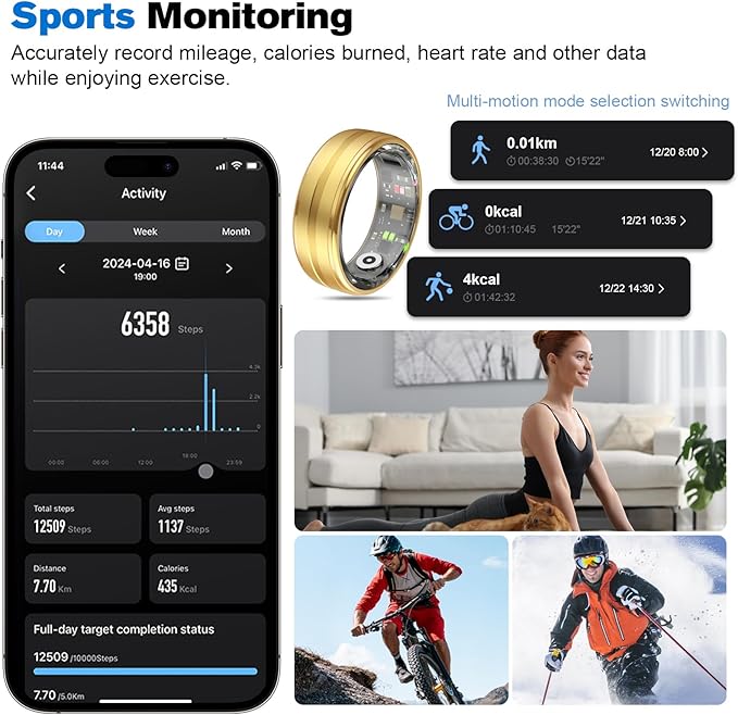 Smart Ring Health Tracker for Men/Women,Fitness Ring Sleep Tracker,Fast Charging for Long-Lasting Use,for Pedometer Exercise,Monitor Sleep, Heart Rate, Stress,Waterproof (Gold, 11)