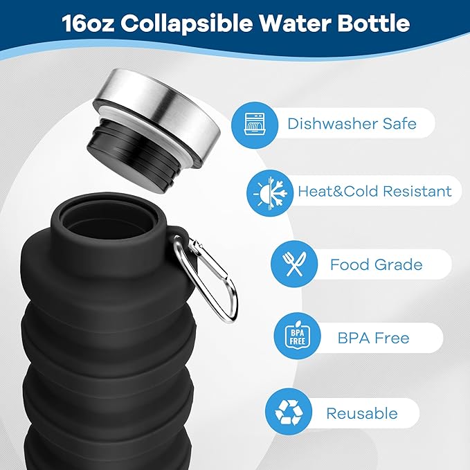 Collapsible Water Bottles 17oz, Portable Leak-Proof Travel Water Bottle, Reuseable BPA Free Silicone Foldable Water Bottle with Carabiner for Gym, Traveling, Camping, Hiking, Sports-Purple