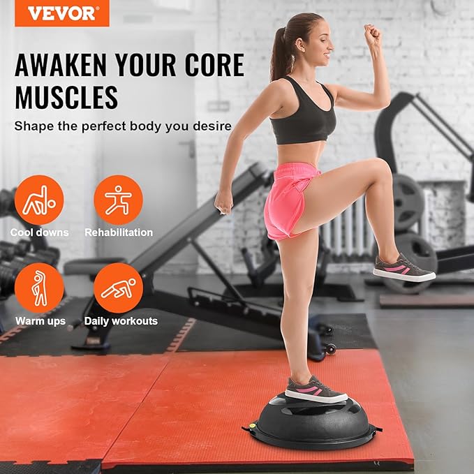 VEVOR Half Exercise Ball Trainer, 23/26 inch Balance Ball Trainer, 1500lbs Capacity Stability Ball, Yoga Ball with Resistance Bands & Foot Pump, Strength Fitness Ball for Home Gym Full Body Workout Black