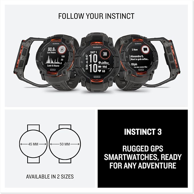 Garmin Instinct 3 Advanced GPS Adventure Watch, Black with Charcoal Band | 50mm Solar Charged Display | Wrist Based Heart Rate Monitor with Signature Stand Power Bundle