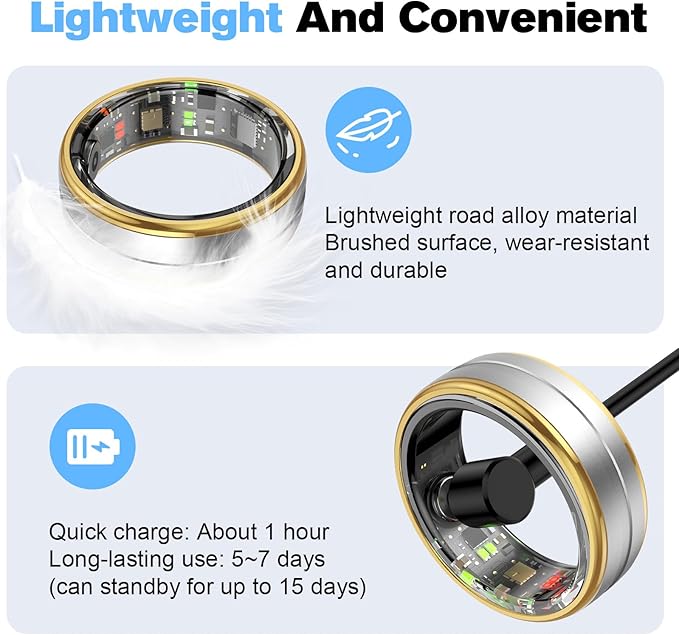 Smart Ring Health Tracker for Men/Women,Fitness Ring Sleep Tracker,Fast Charging for Long-Lasting Use,for Pedometer Exercise,Monitor Sleep, Heart Rate, Stress,Waterproof (Silver, 9)