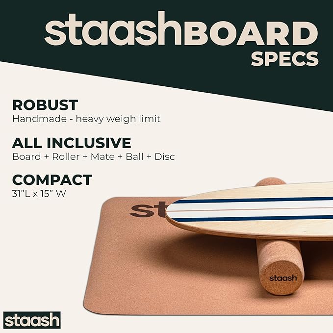 STAASH® Balance Board – Starter (Board + Roller) or Full Kit (w/Mat, Ball & Disc) – Core Balance Trainer for Fitness, Rehab, Surf – Free Coaching Videos