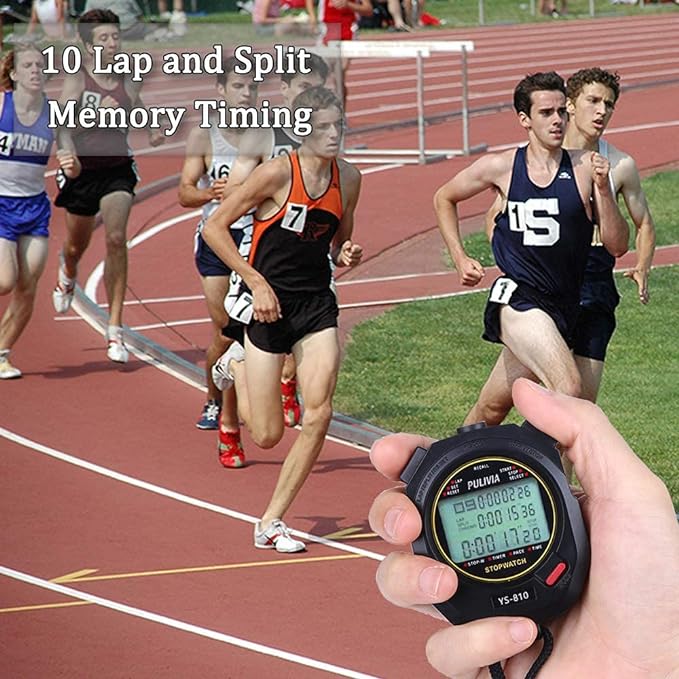 Sports Stopwatch Timer 10 Lap Split Memory Digital Stopwatch 12/24 Hour 3 Rows