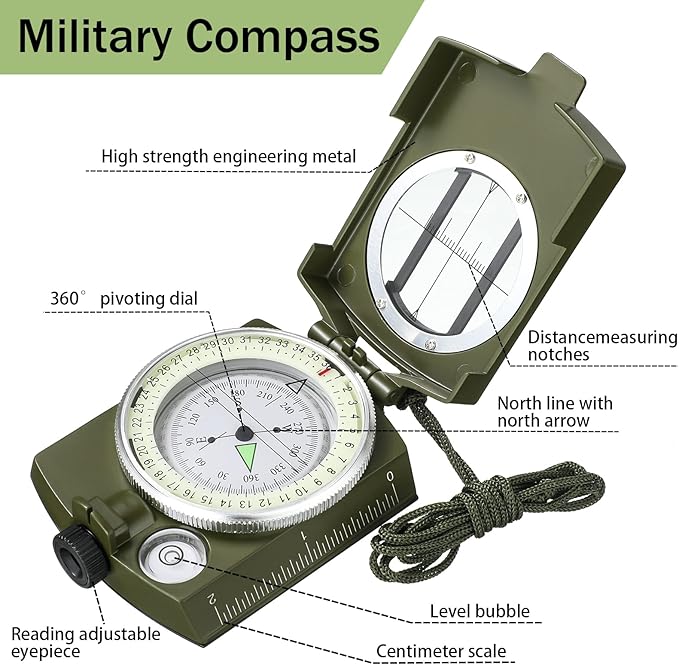Xuhal Compass Hiking Survival Compass Military Grade Lensatic