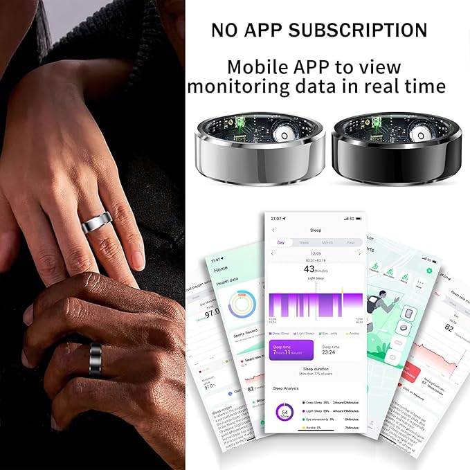 HitTopss Smart Ring, Fitness Sleep Health Tracker Rings for Men Women, No APP Subscription, Sleep Tracking, Heart Rate, Blood Oxygen, IP68 Waterproof (Silver,10#)